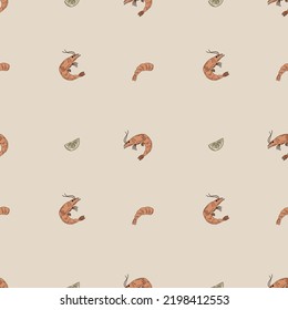 Seamless pattern with shrimp and lemon slices. Flat hand drawn vector illustration. For printing on menus, fish restaurants, packaging. Sea food.