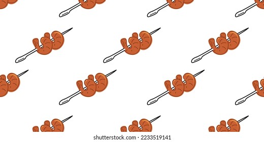 Patrón sin foco con gambas sobre brochetas. Ilustración vectorial plana.