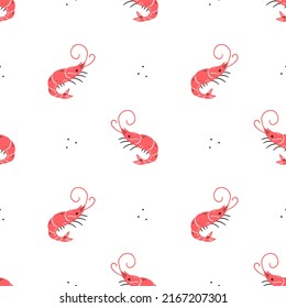 Seamless pattern with shrimp on a white background. Japanese food. Vector illustration background.