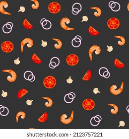 Patrón sin foco con camarones, anillos de cebolla, ajo y tomates sobre fondo gris oscuro. Decoración para cocina, textiles, menú. Ilustración vectorial de alimentos planos