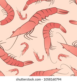 Seamless pattern with shrimps of different size, vector ornament background