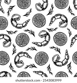 Padrão sem emenda com camarões, limão e ervas. Gráficos vetoriais com a imagem de frutos do mar cozidos. Desenhado à mão ilustração preto e branco do prato. Para menus, cartazes, etiquetas, têxteis e decoração.