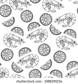 Seamless  pattern with shrimps and lemons on white background. Food vector Illustration.Black-and-white contour drawing.