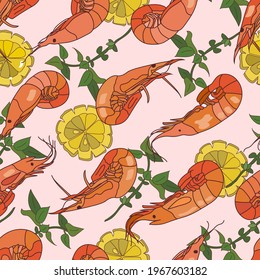 Seamless pattern with shrimps on pink background. Vector illustration. Sea food, asian, underwater world. Paper, textile design, wallpaper, arthropods, mollusk. Lemon, salad, plants, floral decor.