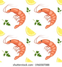 Seamless pattern with shrimps or prawns, lemon wedges and parsley leaves. Food print for textiles, paper and other designs. A source of vitamins and healthy nutrition. Vetor illustration