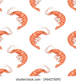 Seamless pattern with shrimps or prawns on a white background. Cute print for textiles, paper and other designs. A source of vitamins and healthy nutrition. Vector flat illustration