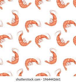 Seamless pattern with shrimps or prawns on a white background. Cute print for textiles, paper and other designs. A source of vitamins and healthy nutrition. Vector flat illustration