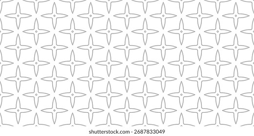 Padrão contínuo de formas inspiradas shuriken em contorno preto mínimo no fundo branco