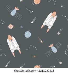 Seamless pattern of shuttle, satellite and planets