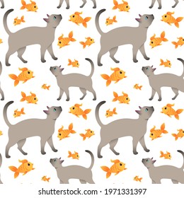 Seamless pattern. Siamese cat asks for food.