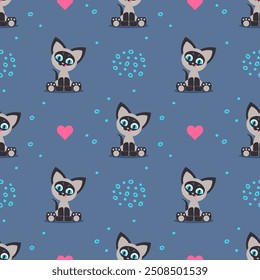 Seamless pattern with a Siamese cat on a blue background.