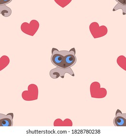 Seamless pattern siamese kitten with a muzzle heart on a pink background with red hearts. Vector illustration for festive design, packaging, wallpaper, fabric, textile, stationery, accessories.