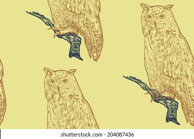 Seamless pattern of siberian eagle owl on yellow background