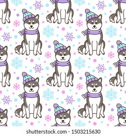 Seamless pattern with Siberian Husky dog in hat and scarf with snowflakes. Excellent design for packaging, wrapping paper, textile etc.