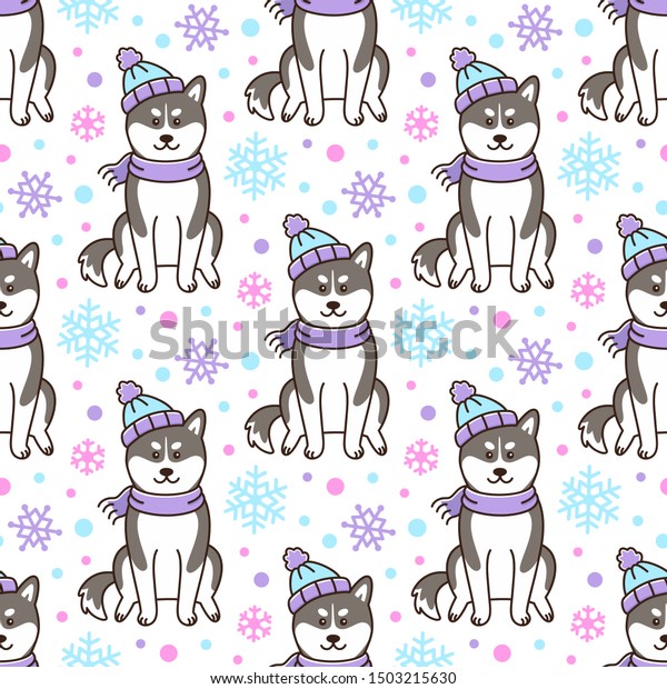 Seamless pattern with Siberian Husky dog in hat and scarf with snowflakes. Excellent design for packaging, wrapping paper, textile etc.