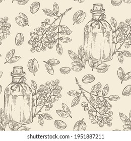 Patrón sin foco con pimienta sichuan: planta, pimienta, hojas y botella de aceite esencial de pimienta sichuan. Cosmética, perfumería y planta médica. Ilustración dibujada a mano por vectores.