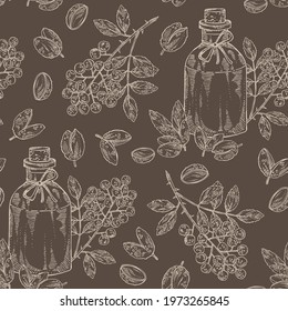 Seamless pattern with sichuan pepper: plant, pepper, leaves and bottle of sichuan pepper essential oil. Cosmetic, perfumery and medical plant. Vector hand drawn illustration.