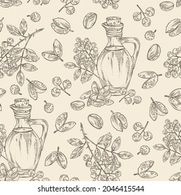 Seamless pattern with sichuan pepper: plant, pepper, leaves  and bottle of sichuan pepper oil. Chinese coriander. Vector hand drawn illustration
