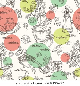 Patrón sin fisuras con pimienta sichuan: planta, pimienta y hojas. Cilantro chino. Cosméticos y planta médica. Vector dibujado a mano ilustración
