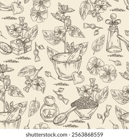 Seamless pattern with sida cordifolia: sida cordifolia plant, bala leaves and sida cordifolia flowers. Bala. Oil, soap and bath salt . Cosmetics and medical plant. Vector hand drawn