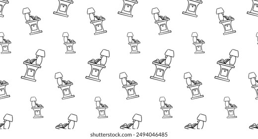 Seamless pattern with side table with a lamp and open book interior furniture front view hand drawn doodle outline vector