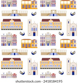 Seamless pattern with the sights of Aveiro Portugal, the illustration is made in a flat style for wallpaper background, gift packaging, souvenir product design, postcards and notebooks for tourists