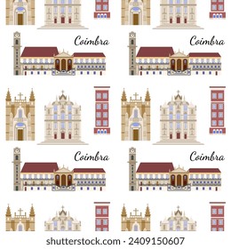 Seamless pattern with the sights of Coimbra Portugal, the illustration is made in a flat style for wallpaper background, gift packaging, souvenir product design, postcards and notebooks for tourists