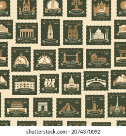 Seamless pattern with sights of different countries in the form of old postage stamps on a light backdrop. Vector background in retro style on the travel theme. Wallpaper, wrapping paper, fabric