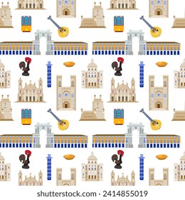 Seamless pattern with the sights of Lisbon Portugal, illustration is made in a flat style for wallpaper background, gift packaging, souvenir product design, postcards and notebooks for tourists