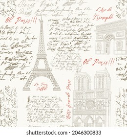 Seamless pattern with the sights of Paris. The Eiffel Tower, Notre Dame de Paris, the Arc de Triomphe in the engraved style with handwritten text.