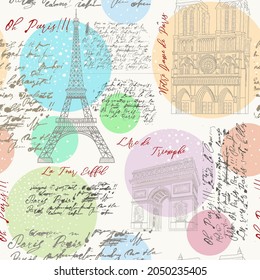 Seamless pattern with the sights of Paris. The Eiffel Tower, Notre Dame de Paris, the Arc de Triomphe in the engraved style with handwritten text.