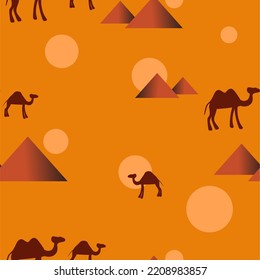 Seamless pattern. Sights and symbols of Egypt. Pyramids, sun, camel