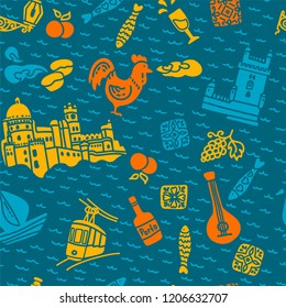 Seamless pattern. Sights and symbols of Portugal: rooster, tram, sailboat, oranges, fish, grapes, Belem tower, Pena National Palace, Pastel de Nata at night. Hand drawn, doodle style, vector.