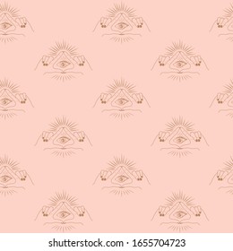 Seamless pattern with the sign of the Freemasonry, the  Eye of Providence and hands in the form of a triangle. Editable vector illustration