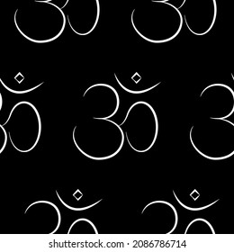 Patrón sin inconvenientes con el signo Om. Símbolo del hinduismo de color blanco sobre fondo negro. Arte de línea. Concepto de yoga y budismo para impresión en tela, papel envolvente, papel pintado, embalaje. Ilustración del vector
