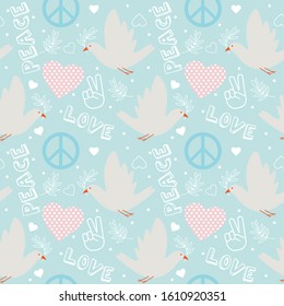 Seamless pattern sign. Peace dove with olive branch for International Peace Day poster. Vector illustration