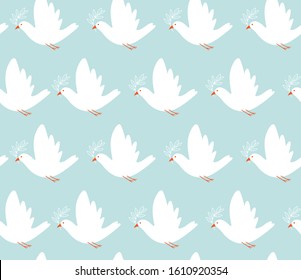 Seamless pattern sign. Peace dove with olive branch for International Peace Day poster. Vector illustration