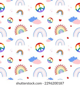 Seamless pattern with sign peace, lgbt rainbow, hearts and clouds. Flat vector pattern