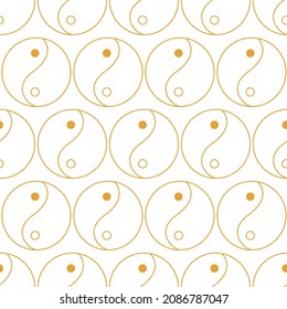 Seamless pattern with sign yin yang. Symbol of Taoism in golden color on white background. Line art. Harmony and balance concept for print on fabric, wrapping paper, wallpaper. Vector illustration