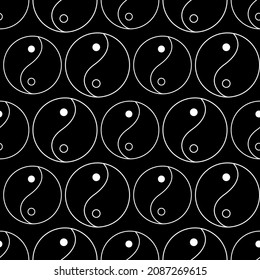 Seamless pattern with sign yin yang. Symbol of Taoism in white color on black background. Line art. Harmony and balance concept for print on fabric, wrapping paper, wallpaper. Vector illustration