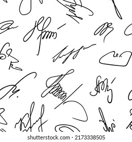 Seamless pattern signature. Repeated hand drawn autograph. Black scrawl signature on white background. Handwritten name. Handwriting scribbles by pen. Repeating written sketch. Writing line. Vector