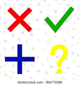 seamless pattern of signs for addition, subtraction, multiplication, question mark, check mark-vector illustration.4 elements in the form of icons, multiplication, addition, question mark and the tick