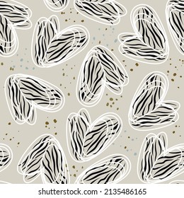 Seamless pattern from the signs of Hearts, stylized pattern of zebra skin inside the heart. Concept of love, beauty, fashion on a gray background. One continuous line drawing and spots of animal skin