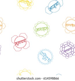 seamless pattern with signs and names of chakras in Sanskrit for your design (Root  Sacral, Solar Plexus, Heart , Throat , Third Eye and Crown Chakras)