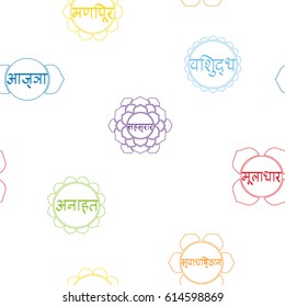 seamless pattern with signs and names of chakras in Sanskrit for your design (Root  Sacral, Solar Plexus, Heart , Throat , Third Eye and Crown Chakras)