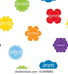 seamless pattern with signs and names of chakras in Sanskrit for your design (Root  Sacral, Solar Plexus, Heart , Throat , Third Eye and Crown Chakras)