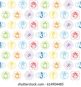 seamless pattern with signs and names of chakras in Sanskrit for your design (Root  Sacral, Solar Plexus, Heart , Throat , Third Eye and Crown Chakras)