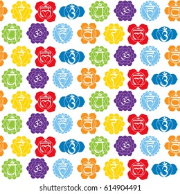 seamless pattern with signs and names of chakras in Sanskrit for your design (Root  Sacral, Solar Plexus, Heart , Throat , Third Eye and Crown Chakras)