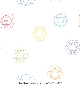 seamless pattern with signs and names of chakras in Sanskrit for your design (Root  Sacral, Solar Plexus, Heart , Throat , Third Eye and Crown Chakras)