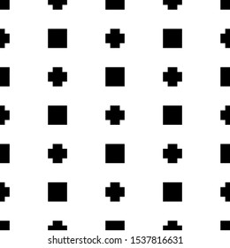 Seamless pattern. Signs ornament. Crosses, squares wallpaper. Simple shapes backdrop. Pluses, checks background. Figures motif. Digital paper, textile print, abstract illustration. Vector artwork.